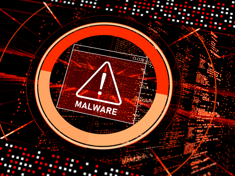Malware Detected Warning Screen with abstract binary code 3d digital concept