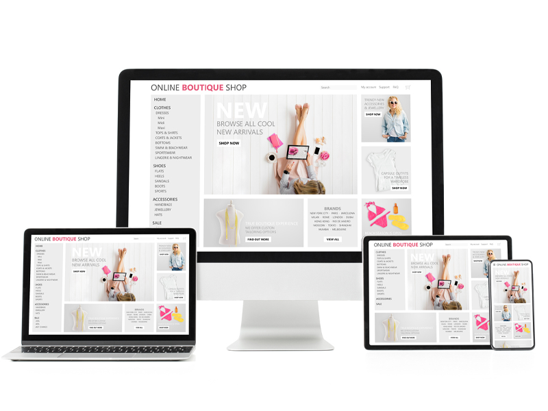 Adaptive and responsive web design concept showing sample website on different tech gadgets and screen sizes.